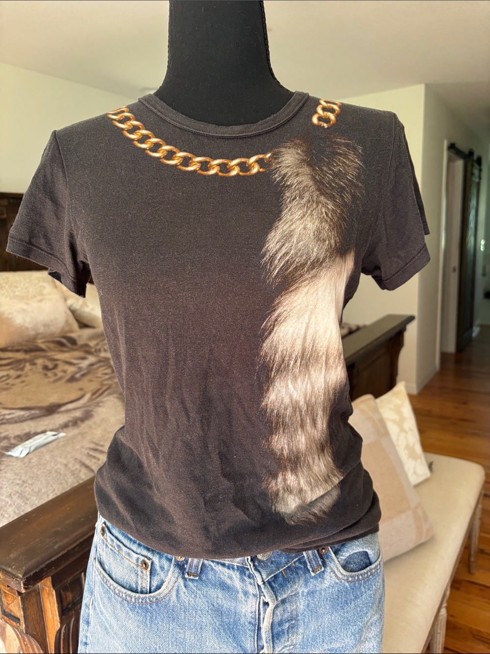 Alexander McQueen Black Short-Sleeve Tee with Faux Fur & Gold Chain Print